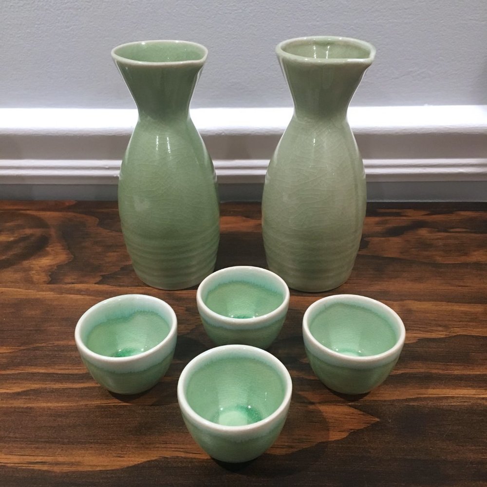 Crate & Barrel Celadon Sake Bottle & Cup Set Made in Japan